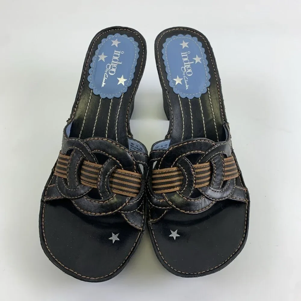 Indigo‎ By Clarks Slide Heel Sandal Black Brown Leather Chunky Woven Womens 7